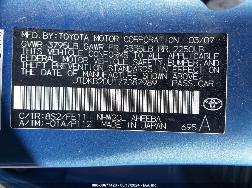 2007 Toyota Prius VIN: JTDKB20U177087989 Lot: 39677428