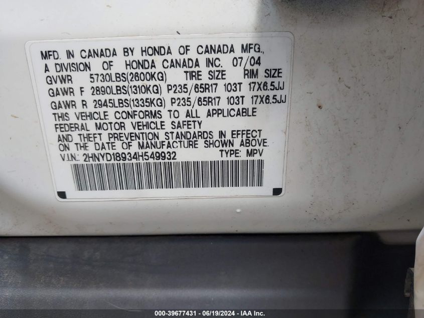 2004 Acura Mdx Touring VIN: 2HNYD18934H549932 Lot: 39677431