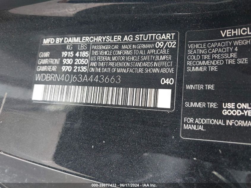 2003 Mercedes-Benz C 230 Kompressor Sport VIN: WDBRN40J63A443663 Lot: 39677433