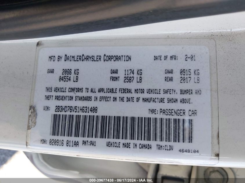 2001 Dodge Intrepid R/T VIN: 2B3HD76V51H631408 Lot: 39677438