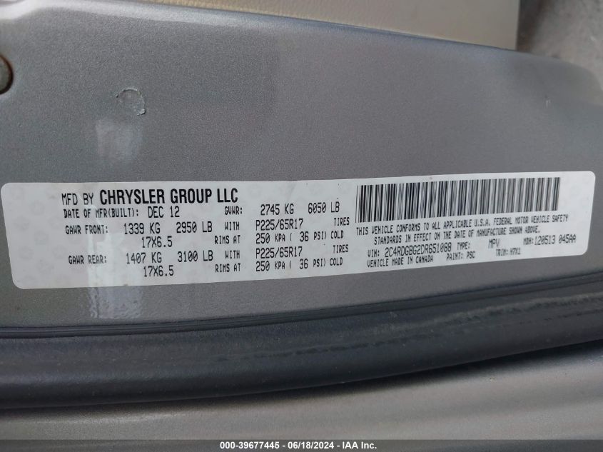 2013 Dodge Grand Caravan Se VIN: 2C4RDGBG2DR651088 Lot: 39677445