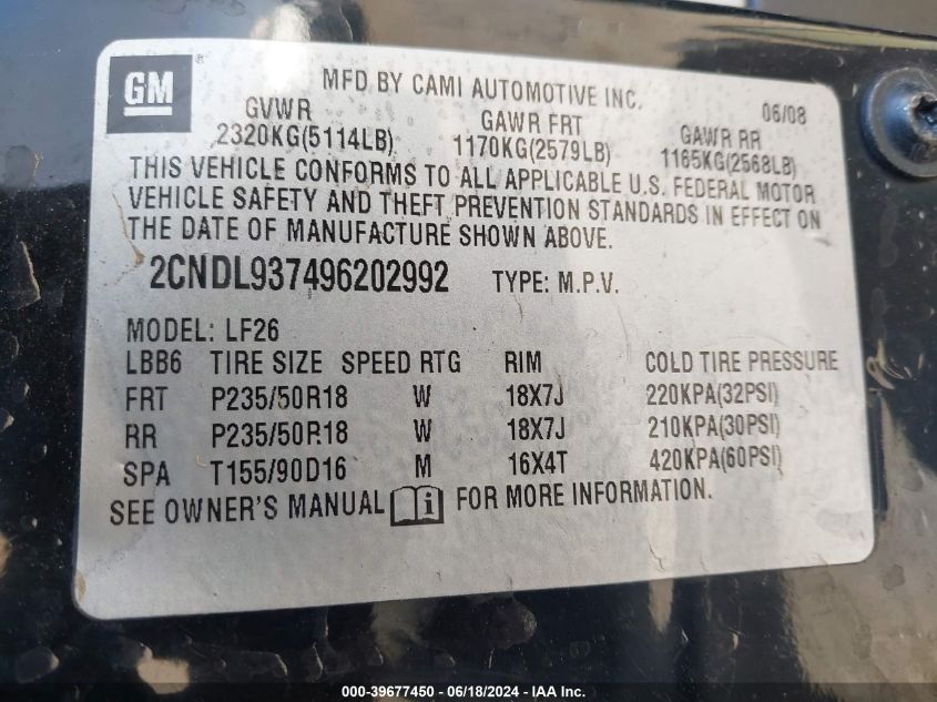 2CNDL937496202992 2009 Chevrolet Equinox Sport