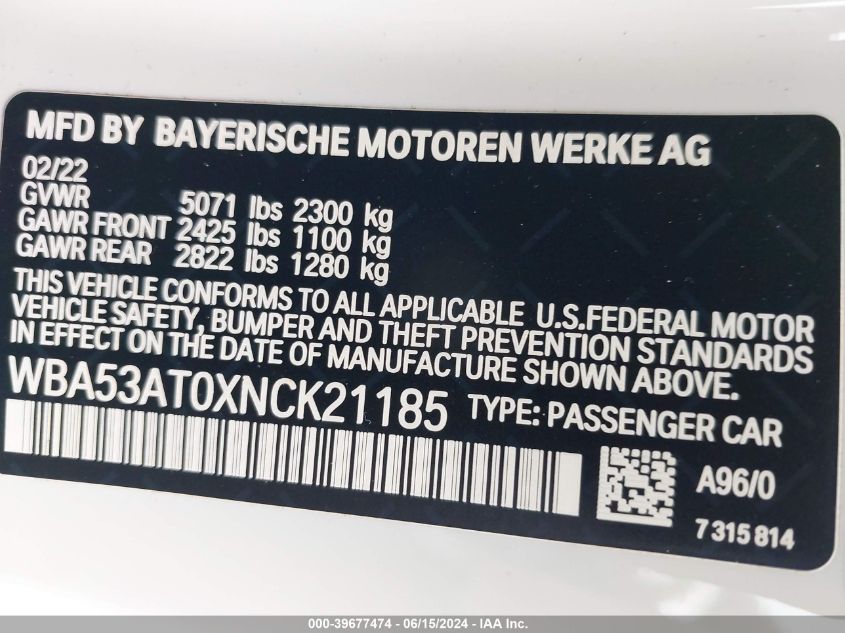 2022 BMW M440I VIN: WBA53AT0XNCK21185 Lot: 39677474