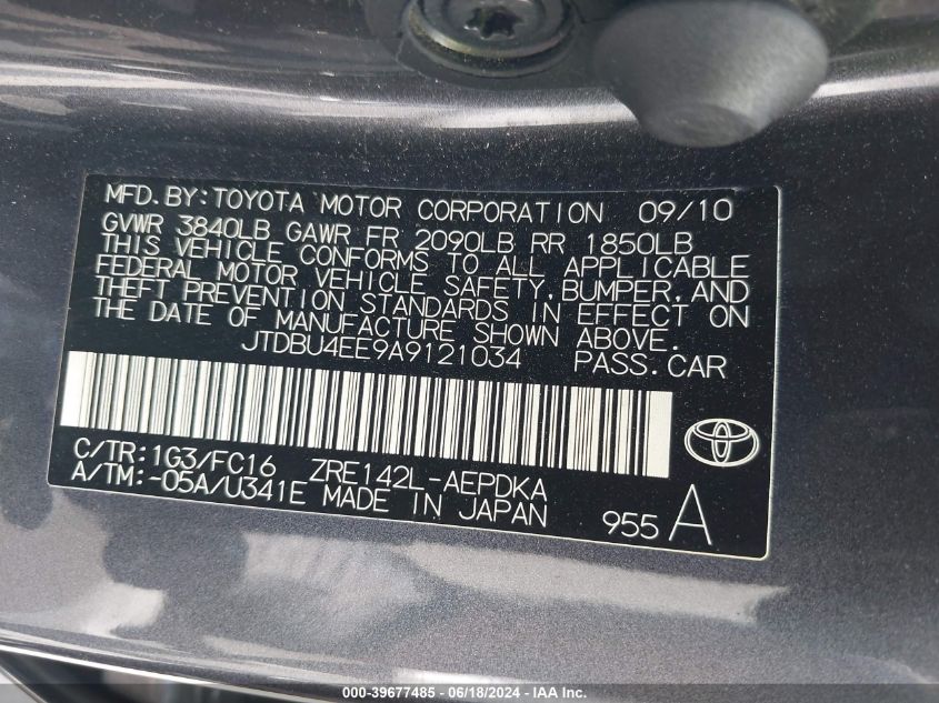 2010 Toyota Corolla Le VIN: JTDBU4EE9A9121034 Lot: 39677485