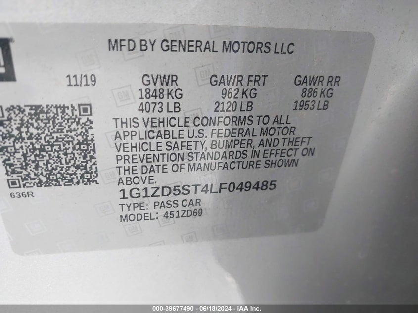 2020 Chevrolet Malibu Fwd Lt VIN: 1G1ZD5ST4LF049485 Lot: 39677490