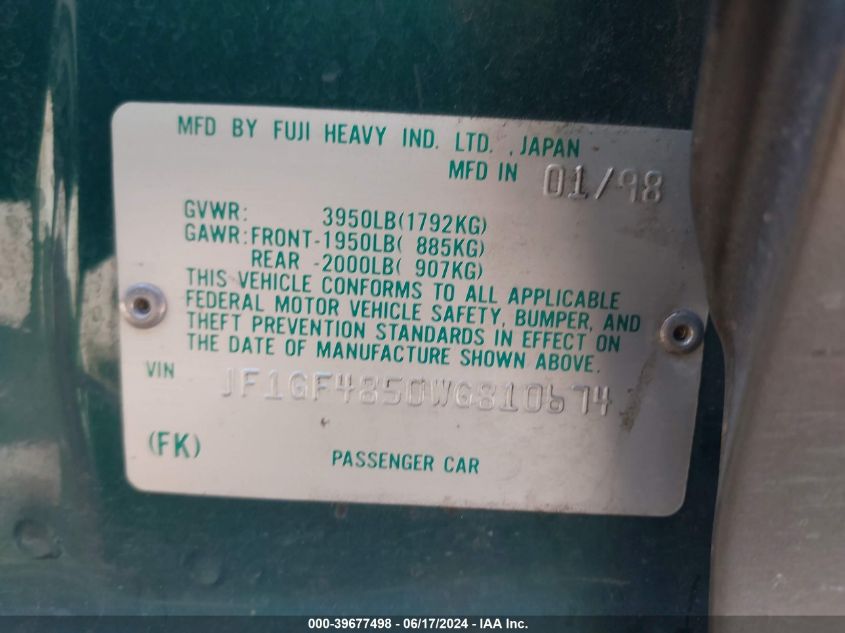 1998 Subaru Impreza Outback Sport VIN: JF1GF4850WG810674 Lot: 39677498