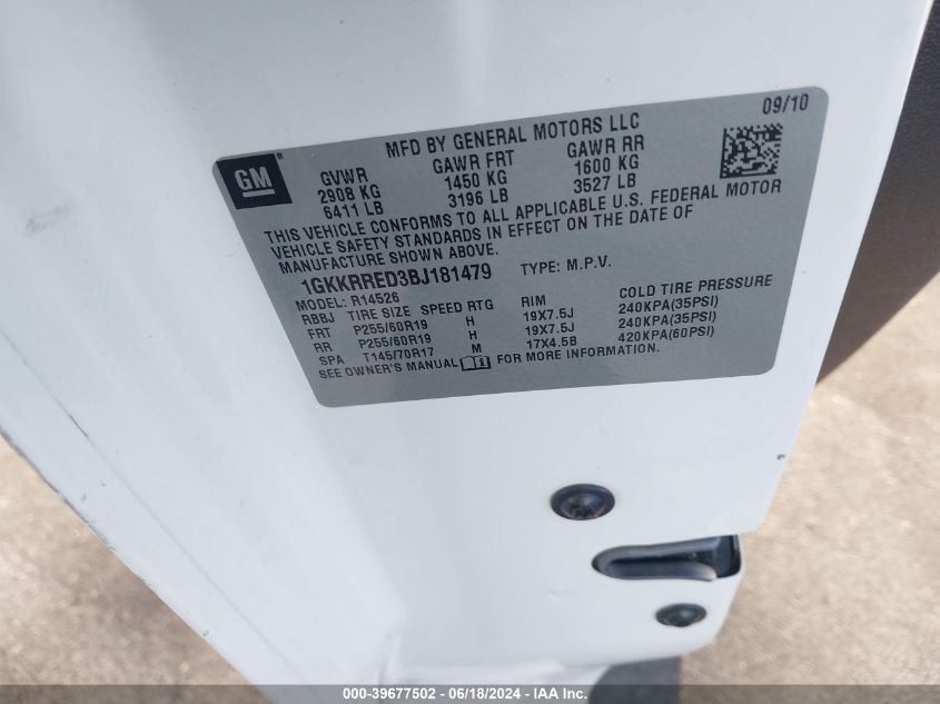 2011 GMC Acadia Slt-1 VIN: 1GKKRRED3BJ181479 Lot: 39677502