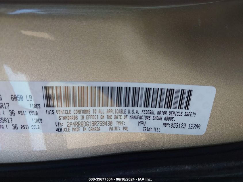 2011 Chrysler Town & Country Limited VIN: 2A4RR6DG1BR759430 Lot: 39677504