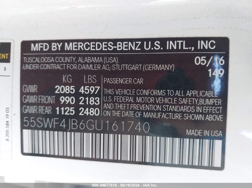 2016 Mercedes-Benz C 300 Luxury/Sport VIN: 55SWF4JB6GU161740 Lot: 39677518