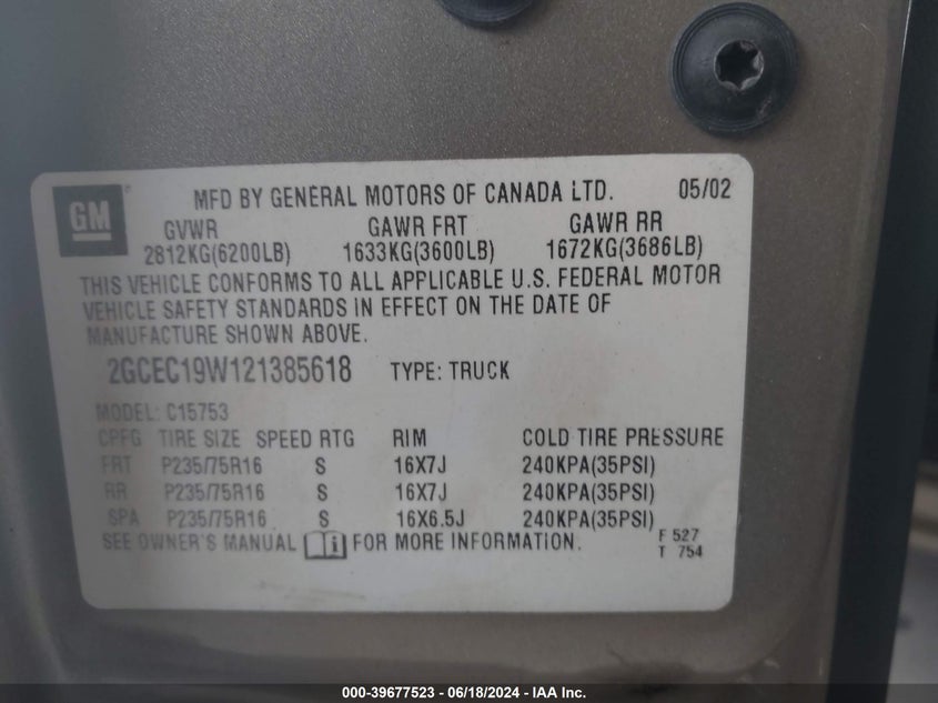 2002 Chevrolet Silverado 1500 Ls VIN: 2GCEC19W121385618 Lot: 39677523