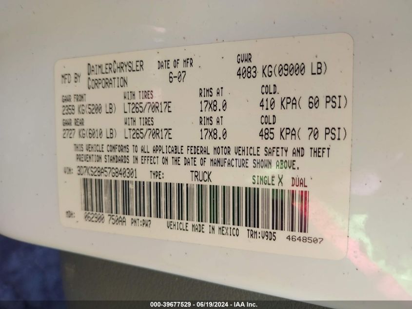 2007 Dodge Ram 2500 Slt/Trx4 Off Road/Sport/Power Wagon VIN: 3D7KS28A57G840301 Lot: 39677529