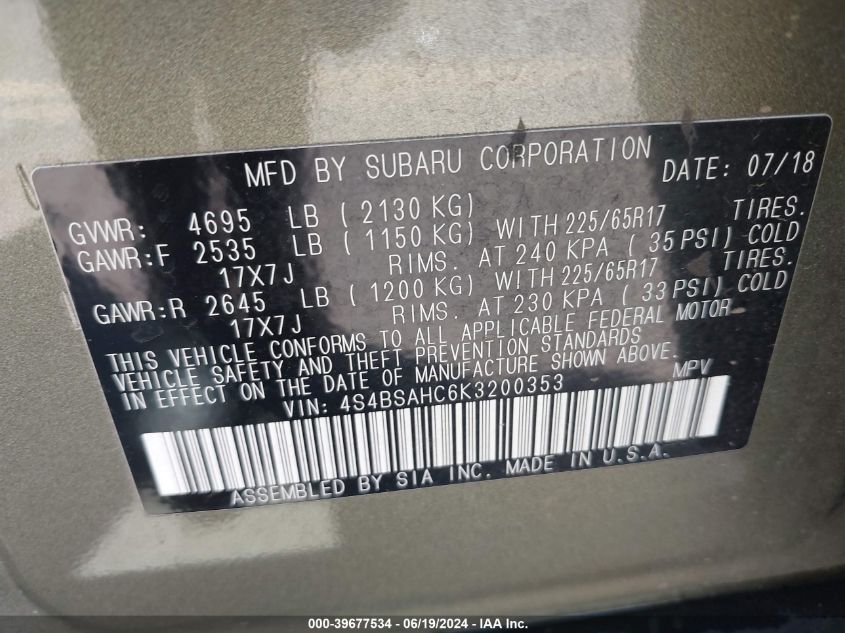 2019 Subaru Outback 2.5I Premium VIN: 4S4BSAHC6K3200353 Lot: 39677534