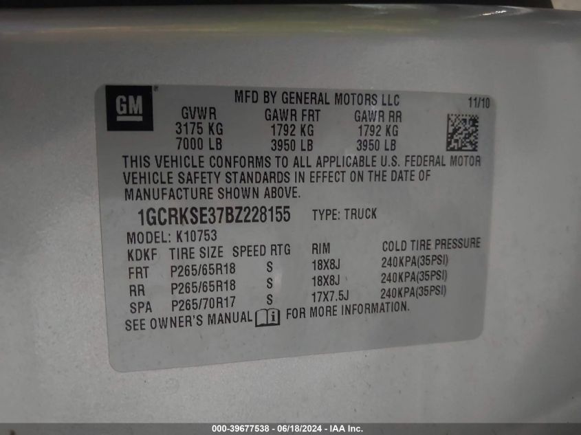 2011 Chevrolet Silverado 1500 Lt VIN: 1GCRKSE37BZ228155 Lot: 39677538