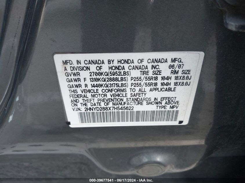 2007 Acura Mdx Sport VIN: 2HNYD288X7H545622 Lot: 39677541