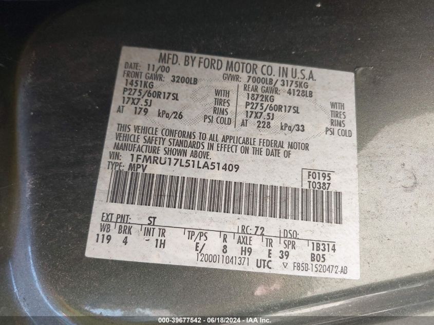 2001 Ford Expedition Eddie Bauer VIN: 1FMRU17L51LA51409 Lot: 39677542