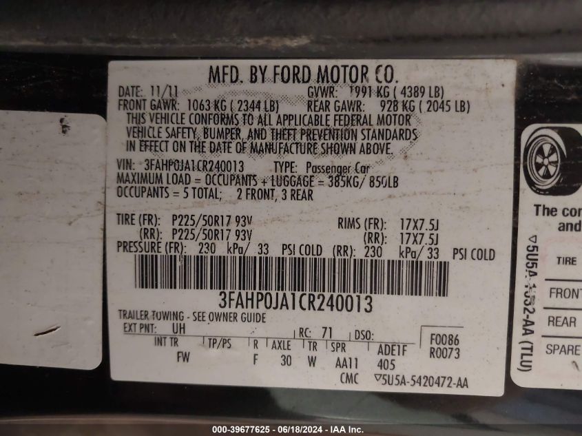 2012 Ford Fusion Sel VIN: 3FAHP0JA1CR240013 Lot: 39677625