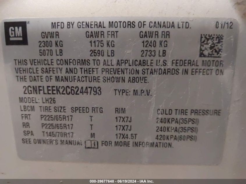 2012 Chevrolet Equinox 1Lt VIN: 2GNFLEEK2C6244793 Lot: 39677648