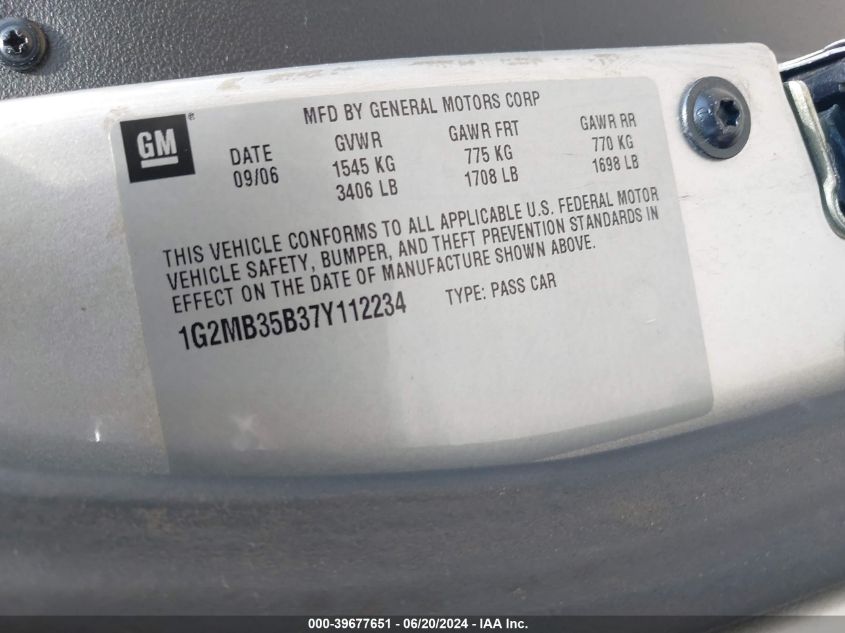2007 Pontiac Solstice VIN: 1G2MB35B37Y112234 Lot: 39677651