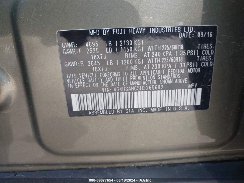 2017 Subaru Outback 2.5I Limited VIN: 4S4BSANC5H3265692 Lot: 39677654