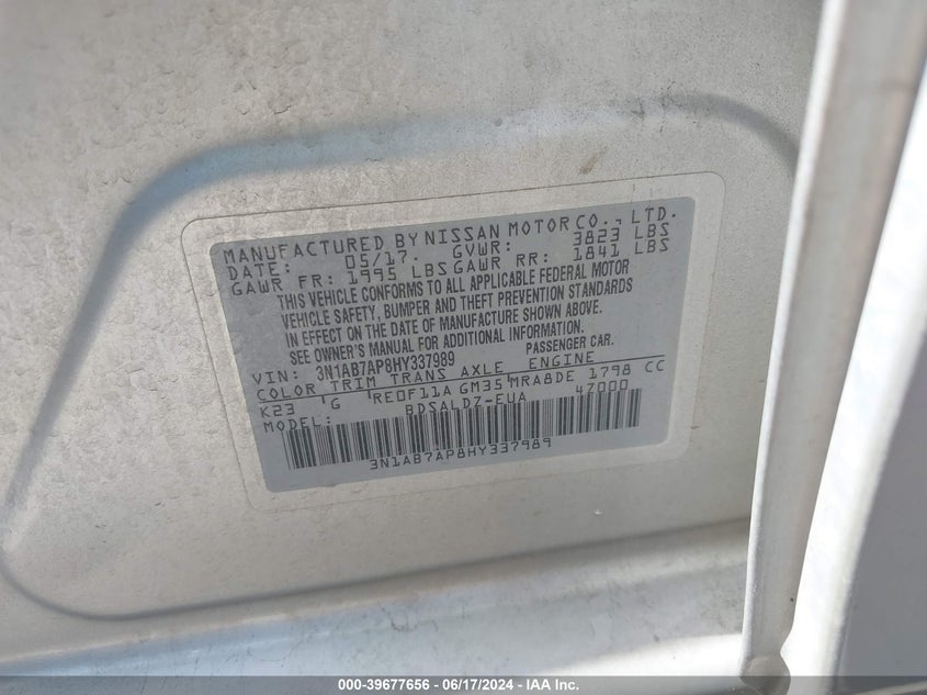 2017 Nissan Sentra Sv VIN: 3N1AB7AP8HY337989 Lot: 39677656