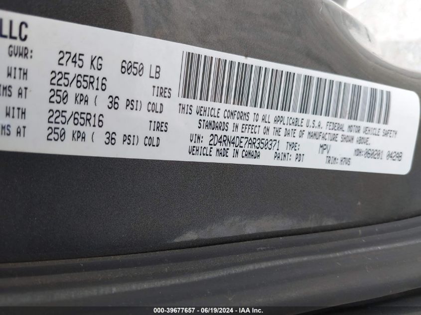 2010 Dodge Grand Caravan Se VIN: 2D4RN4DE7AR350371 Lot: 39677657