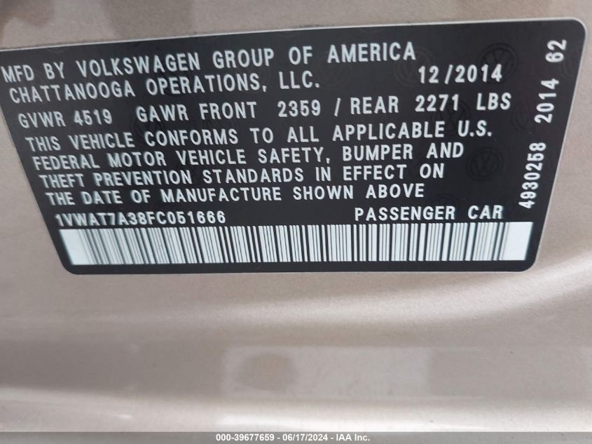 2015 Volkswagen Passat 1.8T S VIN: 1VWAT7A38FC051666 Lot: 39677659
