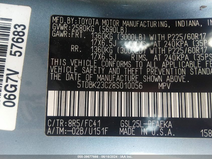 2008 Toyota Sienna Le VIN: 5TDBK23C28S010056 Lot: 39677666