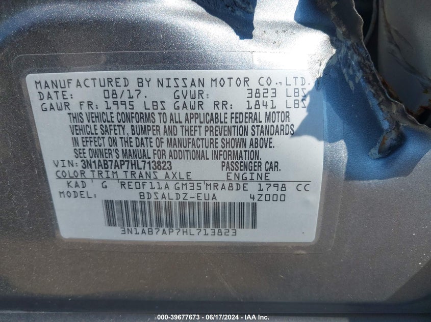 2017 Nissan Sentra Sv VIN: 3N1AB7AP7HL713823 Lot: 39677673