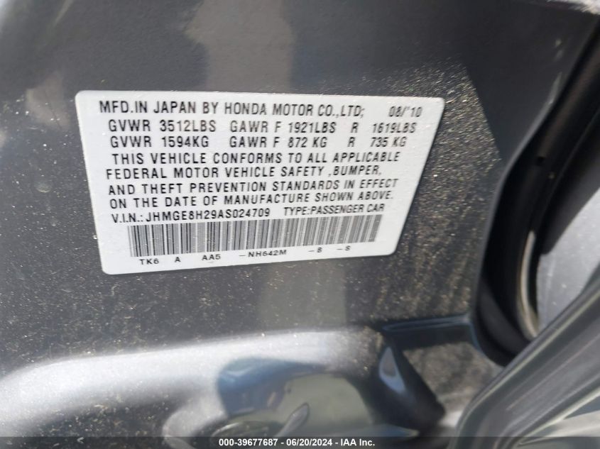 2010 Honda Fit VIN: JHMGE8H29AS024709 Lot: 39677687