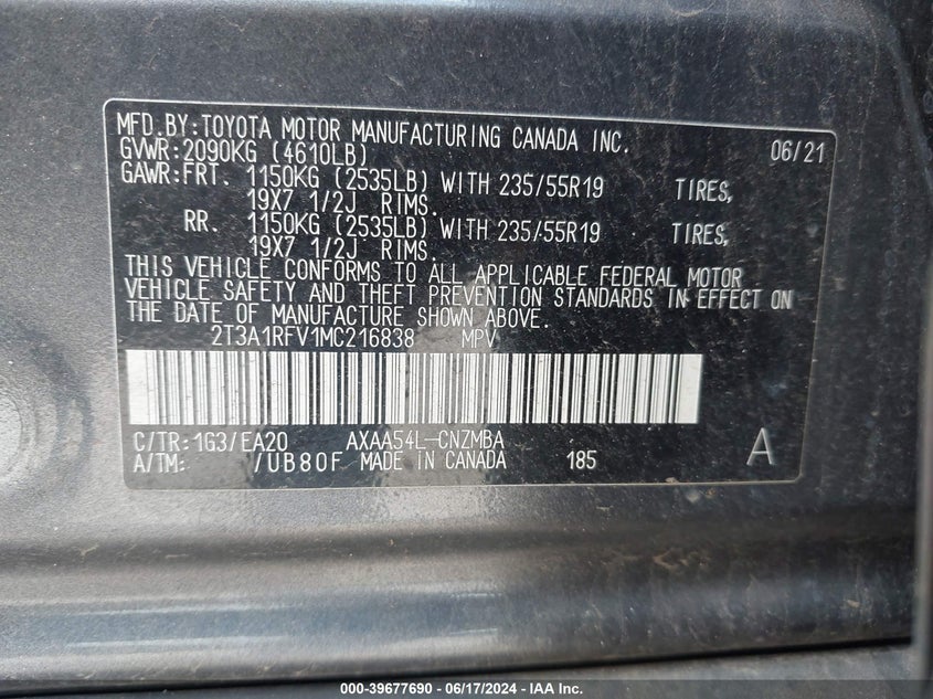 2021 Toyota Rav4 Xle Premium VIN: 2T3A1RFV1MC216838 Lot: 39677690