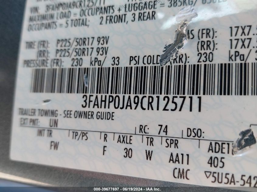 2012 Ford Fusion Sel VIN: 3FAHP0JA9CR125711 Lot: 39677697