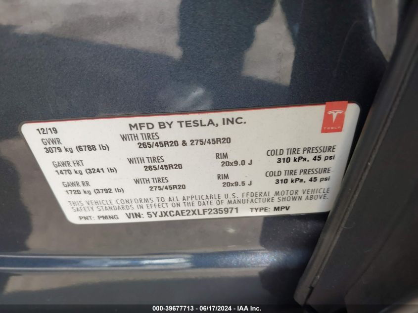 2020 Tesla Model X Long Range Dual Motor All-Wheel Drive/Long Range Plus Dual Motor All-Wheel Drive VIN: 5YJXCAE2XLF235971 Lot: 39677713