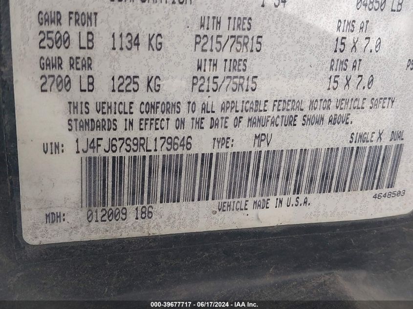 1994 Jeep Cherokee Sport VIN: 1J4FJ67S9RL179646 Lot: 39677717