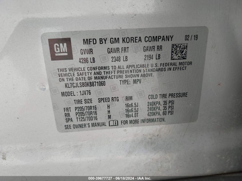 2019 Chevrolet Trax Lt VIN: KL7CJLSB0KB871060 Lot: 39677727
