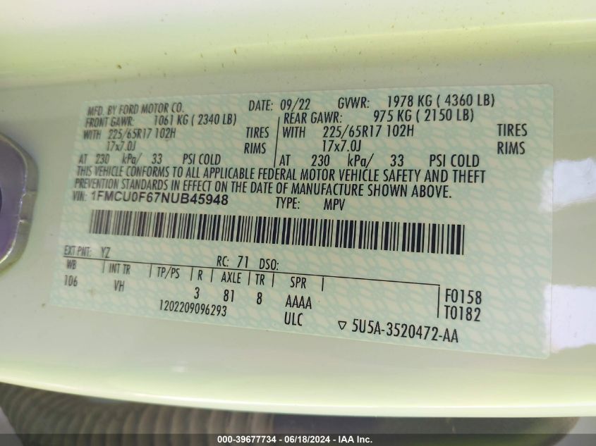 2022 Ford Escape S VIN: 1FMCU0F67NUB45948 Lot: 39677734