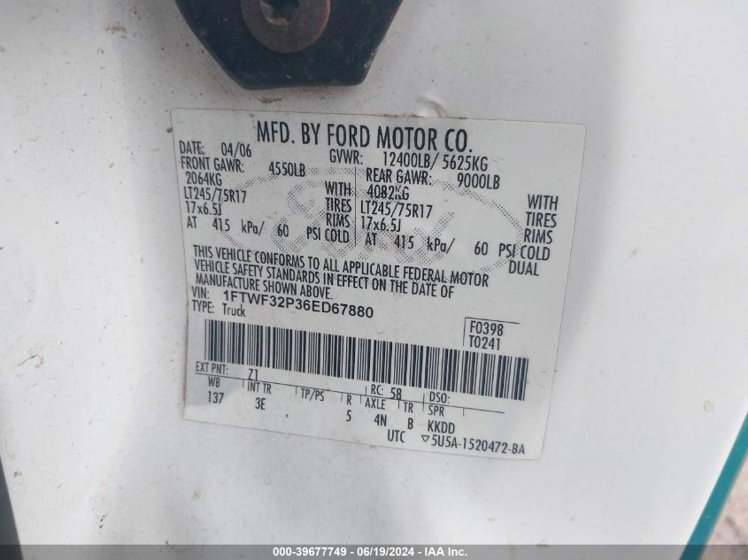 2006 Ford F-350 Xl/Xlt VIN: 1FTWF32P36ED67880 Lot: 39677749