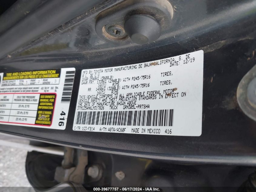 2020 Toyota Tacoma Sr V6 VIN: 3TMCZ5AN6LM317828 Lot: 39677757