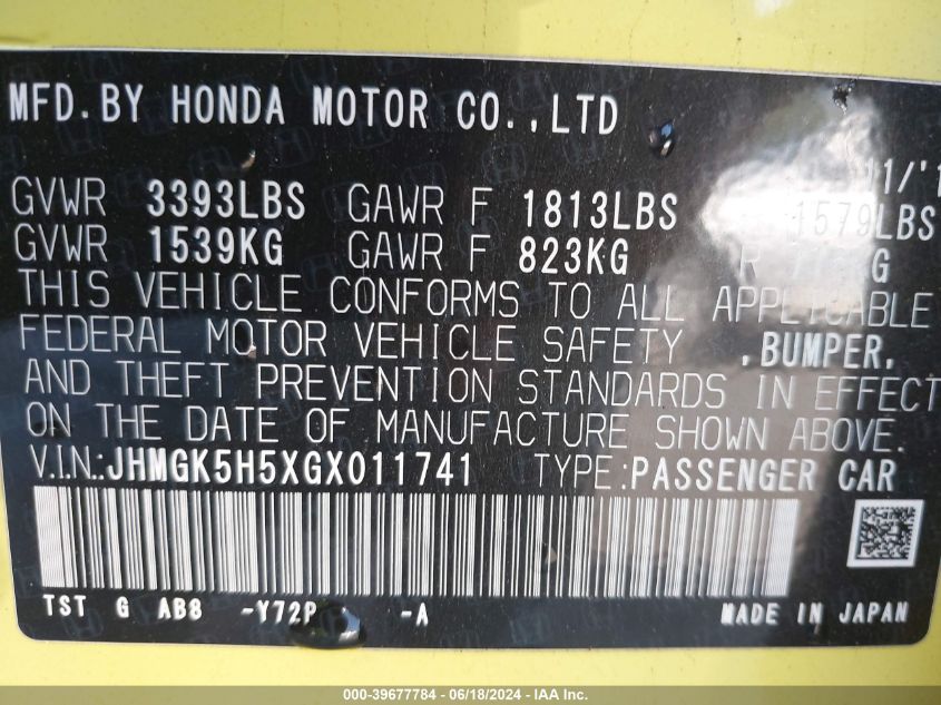 2016 Honda Fit Lx VIN: JHMGK5H5XGX011741 Lot: 39677784