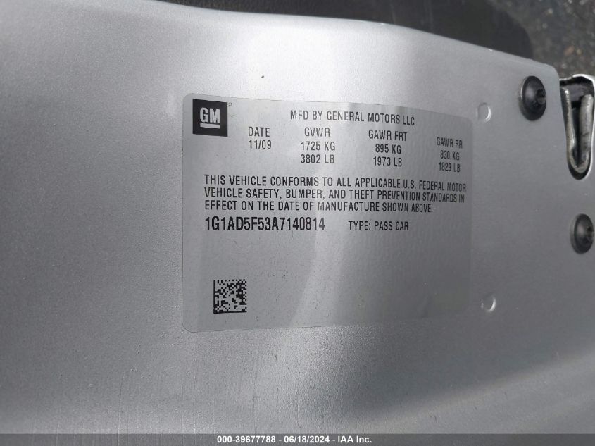 2010 Chevrolet Cobalt Lt VIN: 1G1AD5F53A7140814 Lot: 39677788