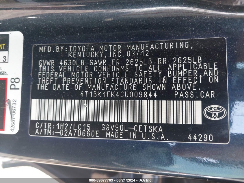 2012 Toyota Camry Se/Xle VIN: 4T1BK1FK4CU009844 Lot: 39677789