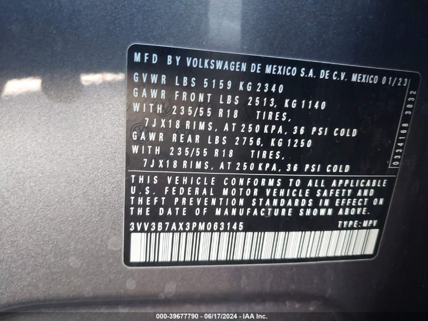 2023 Volkswagen Tiguan 2.0T Se VIN: 3VV3B7AX3PM063145 Lot: 39677790