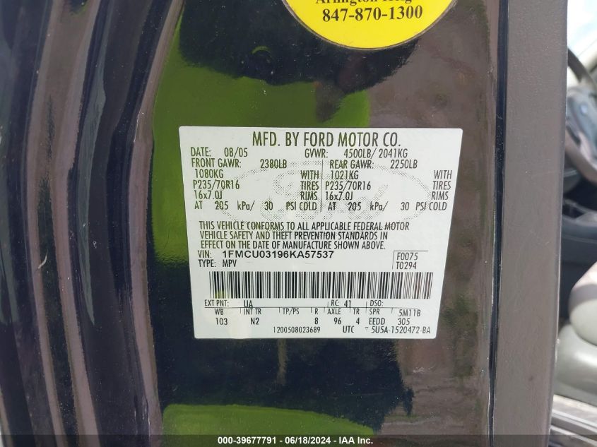 2006 Ford Escape Xlt/Xlt Sport VIN: 1FMCU03196KA57537 Lot: 39677791