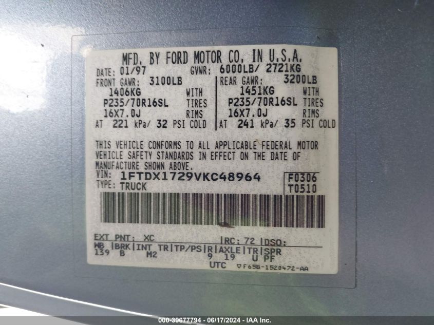 1997 Ford F-150 Standard/Xl/Xlt VIN: 1FTDX1729VKC48964 Lot: 39677794