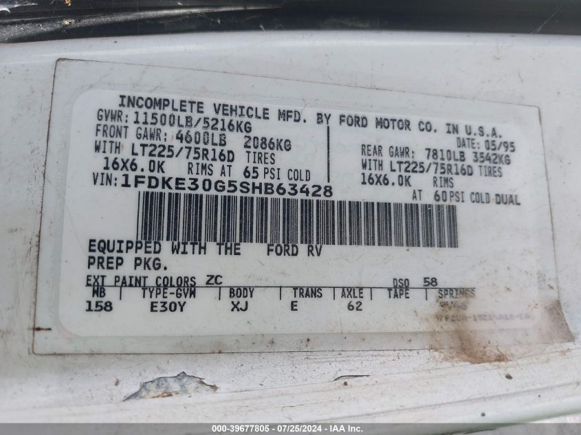 1995 Ford Econoline E350 Cutaway Van VIN: 1FDKE30G5SHB63428 Lot: 39677805