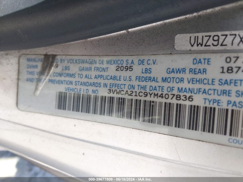 2000 Volkswagen New Beetle Gls VIN: 3VWCA21C9YM407836 Lot: 39677809