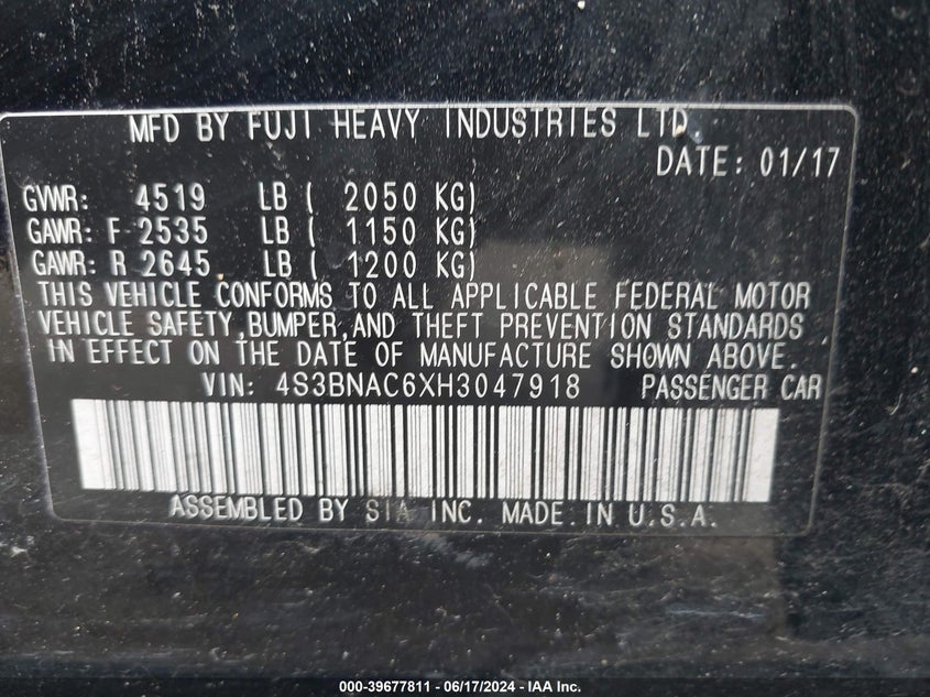2017 Subaru Legacy 2.5I Premium VIN: 4S3BNAC6XH3047918 Lot: 39677811