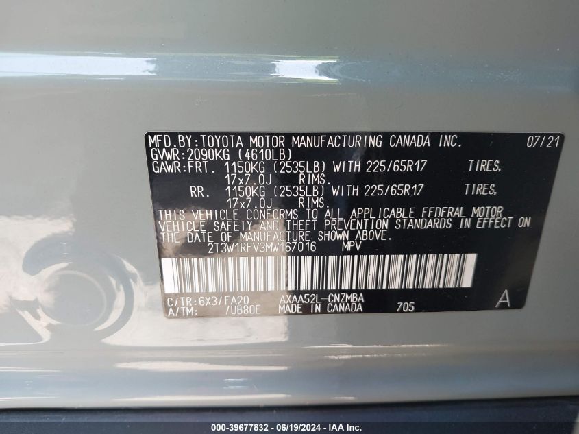 2021 Toyota Rav4 Xle VIN: 2T3W1RFV3MW167016 Lot: 39677832