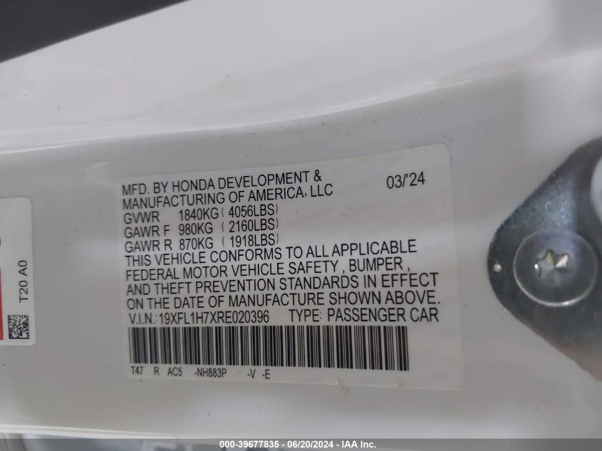 2024 Honda Civic Ex-L VIN: 19XFL1H7XRE020396 Lot: 39677835