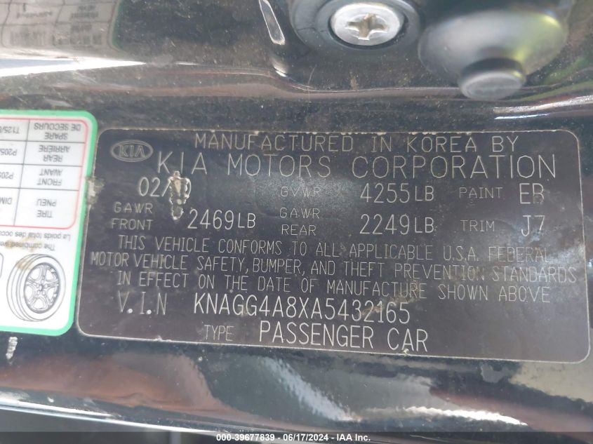2010 Kia Optima Lx VIN: KNAGG4A8XA5432165 Lot: 39677839