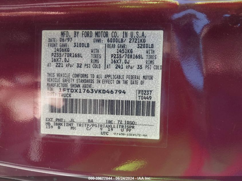 1997 Ford F-150 Lariat/Standard/Xl/Xlt VIN: 1FTDX1763VKD46794 Lot: 39677844